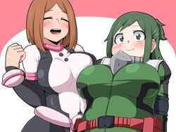  2girls big_breasts blush blush_lines blush_stickers boku_no_hero_academia breasts brown_hair closed_eyes duo fat fat_belly fat_female fat_woman female female_focus female_only fire_breath01 green_eyes green_hair happy hero_outfit_(mha) huge_breasts inko_midoriya izuku_midoriya_(cosplay) large_breasts looking_at_viewer mature_female mature_woman milf mother my_hero_academia ochako&#039;s_mother ochako_uraraka_(cosplay) older_female open_mouth rosy_cheeks short_hair tied_hair tight_clothing 