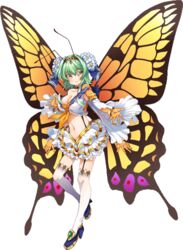  antennae artist_request breasts butterfly_girl chitin cleavage compound_eyes detached_sleeves extra_arms female flare_(monster_musume) full_body garter_straps green_hair high_heels insect_wings large_breasts medium_hair midriff monster_musume_no_iru_nichijou monster_musume_no_iru_nichijou_online navel official_art solo thighhighs transparent_background wings yellow_eyes 