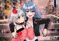  2girls absurdres alternate_costume arm_around_shoulder azura_cecillia black_camisole black_choker black_jacket black_nails black_pants blue_eyes blue_hair blush braid camisole choker collarbone couple flower green_eyes grey_hair hair_flower hair_ornament highres indonesian_commentary jacket leather leather_jacket looking_at_viewer miyu_ottavia mogu_m.g multicolored_hair multiple_girls nijisanji nijisanji_id off-shoulder_sweater off_shoulder pants pink_hair pink_sweater puckered_lips red_flower red_rose rose shirt short_hair side_braid smile streaked_hair sweater tongue tongue_out virtual_youtuber white_shirt yuri 