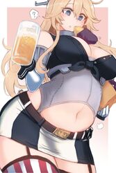  3girls ? alcohol beer beer_mug belly blonde_hair blue_eyes breasts commentary cowboy_shot cup elbow_gloves fairy_(kancolle) food front-tie_top gambier_bay_(kancolle) giant giantess gloves hair_between_eyes holding holding_cup iowa_(kancolle) kantai_collection large_breasts long_hair miniskirt motion_lines mug multiple_girls navel parted_lips size_difference skirt solo_focus spoken_question_mark star-shaped_pupils star_(symbol) striped sweet_potato symbol-only_commentary symbol-shaped_pupils thighhighs utopia vertical_stripes 