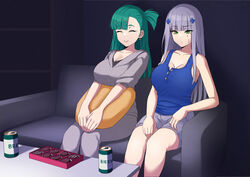  2girls alternate_costume beer_can box box_of_chocolates breasts can chocolate cleavage closed_eyes couch cushion drink_can eyes_visible_through_hair g28_(girls&#039;_frontline) girls&#039;_frontline green_hair grey_hair hk416_(girls&#039;_frontline) krs_(karasu) large_breasts multiple_girls shorts table watching_television 