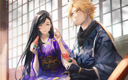  1boy black_hair blonde_hair blue_eyes blue_kimono blush bracer closed_eyes closed_mouth cloud_strife commentary couple crescent_print dangle_earrings earrings eating english_commentary female final_fantasy final_fantasy_vii final_fantasy_vii_remake food food_on_face fruit highres holding holding_food japanese_clothes jewelry kimono lips long_hair obi purple_kimono sash shouji sitting sliding_doors smile spiked_hair spykeee straight straight_hair stud_earrings swept_bangs tifa_lockhart twitter_username watermelon watermelon_seeds watermelon_slice 