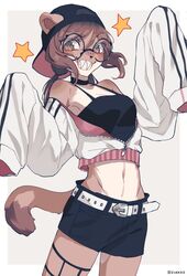  anthro backwards_baseball_cap backwards_hat bangs baseball_cap belt bottomwear breasts brown_body brown_eyes brown_fur brown_hair choker clothed clothing countershading eyewear female freckles fur glasses grin hair hat headgear headwear hi_res jacket jewelry karina_(zuekrz) long_sleeves mammal midriff mustelid musteline navel necklace open_clothing open_jacket open_topwear ponytail sharp_teeth shirt shorts simple_background small_breasts smile solo star tank_top teeth topwear true_musteline weasel white_background white_body white_fur zuekrz 