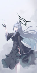  animal_ear_fluff animal_ears arm_up black_dress black_gloves blue_archive breasts commentary_request dress extra_ears female gloves green_eyes grey_background grey_hair hair_between_eyes halo highres long_hair long_sleeves looking_away medium_breasts parted_lips shiroko_(blue_archive) shiroko_terror_(blue_archive) solo synn032 very_long_hair wide_sleeves wolf_ears 