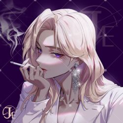  0jae blonde_hair cigarette commentary_request earrings female holding holding_cigarette jewelry korean_commentary long_hair looking_at_viewer mature_female mole mole_on_nose mole_under_mouth original purple_background purple_eyes simple_background smoke smoking solo 