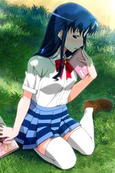  blue_eyes blue_hair blue_skirt blush book bow bowtie breasts brown_footwear collared_shirt dappled_sunlight dress_shirt embarrassed female fujiwara_aya grass hand_up holding holding_book loafers long_hair magazine_(object) medium_breasts non-web_source official_art on_grass open_mouth photoshop_(medium) pleated_skirt red_bow red_bowtie shirt shirt_tucked_in shoes short_sleeves sidelocks sitting skirt solo striped_clothes striped_skirt sunlight super_real_mahjong tanaka_ryou thighhighs white_shirt white_thighhighs yokozuwari 