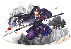  arknights beads beruko14 dog_girl facial_mark female fish food food_in_mouth forehead_mark gloves highres holding holding_polearm holding_weapon japanese_clothes kimono knee_pads naginata polearm prayer_beads protected_link puffy_pants purple_gloves purple_kimono saga_(arknights) shiba_inu solo tabi weapon 