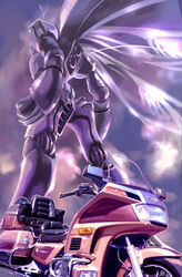  claws clenched_hands cloud commentary_request dunbine engine fairy_wings highres honda k-kat logo machinery mecha motor_vehicle motorcycle no_humans photoshop_(medium) realistic robot science_fiction seisenshi_dunbine tire wings 