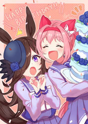  2girls :d ^^^ animal_ears blue_flower blue_headwear blue_rose blush bow brown_hair cake closed_eyes confetti ear_bow flower food hair_intakes hair_over_one_eye hairband hands_up happy_birthday haru_urara_(umamusume) highres horse_ears horse_girl horse_tail layer_cake long_hair long_sleeves looking_at_another multiple_girls notice_lines open_mouth pink_hair ponytail purple_eyes purple_shirt purple_skirt rice_shower_(umamusume) rose school_uniform shirt signature skirt smile stiff_tail tail tracen_school_uniform twitter_username umamusume watawatage 