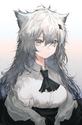  animal_ears arknights ascot closed_mouth commentary female grey_eyes grey_hair hair_between_eyes hair_ornament hairclip highres lappland_(arknights) long_hair messy_hair runamonet scar scar_across_eye scar_on_face solo upper_body white_background wolf_ears 