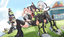  1boy 3girls :d absurdres anby_demara animal_ears asymmetrical_legwear bangboo_(zenless_zone_zero) bare_shoulders billy_kid black_footwear black_hair black_ribbon black_shorts black_socks black_thighhighs blue_sky boots breasts brown_eyes cat_ears cat_tail cleavage cloud commentary_request cutoffs czk day grass green_eyes green_footwear grey_hair hair_ribbon hand_up highres large_breasts long_hair long_sleeves looking_at_viewer micro_shorts midriff multiple_girls navel nekomiya_mana nicole_demara open_mouth outdoors pink_hair ribbon shorts sky smile socks stomach strapless tail thighhighs thighs tube_top very_long_hair zenless_zone_zero 