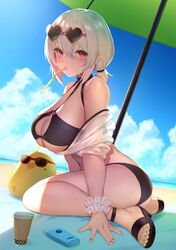  absurdres ass azur_lane bare_shoulders beach beach_umbrella bikini black_bikini black_footwear blue_sky breasts bubble_tea cleavage cloud commentary_request day drinking_straw eyewear_on_head female food from_side hair_between_eyes heart heart-shaped_eyewear highres large_breasts looking_at_viewer manjuu_(azur_lane) navel o-ring o-ring_top ocean off_shoulder official_alternate_costume outdoors pokachu red_eyes sand sandals scrunchie see-through short_hair short_twintails sidelocks sirius_(azur_lane) sirius_(scorching-hot_seirios)_(azur_lane) sitting sky solo sunglasses sweat swimsuit twintails umbrella water white_hair white_scrunchie wrist_scrunchie 