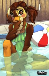  2022 adolescent anas anatid animal_crossing anseriform anthro avian bird clothing dabbling_duck digital_media_(artwork) duck female hi_res mallard molly_(animal_crossing) nintendo solo swimming_pool swimwear text url wings young zombikiss 