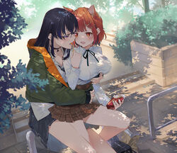  2girls absurdres animal_ear_fluff animal_ears bad_id bad_pixiv_id black_choker black_hair black_ribbon black_skirt blue_hair blush breasts choker cleavage closed_eyes collared_shirt commentary_request dress_shirt earrings extra_ears fast_food feeding food french_fries ga/ddd glasses green_jacket hair_between_eyes hair_ornament high-waist_skirt highres hood hooded_jacket hug hug_from_behind ichinose_uruha ichinose_uruha_(2nd_costume) jacket jewelry large_breasts long_hair long_sleeves looking_at_another looking_back lupinus_virtual_games mcdonald&#039;s medium_breasts miniskirt multicolored_hair multiple_girls neck_ribbon nijisanji off_shoulder official_alternate_costume open_clothes open_jacket open_mouth orange_hair outdoors plaid plaid_skirt pleated_skirt railing ratna_petit red_eyes red_hair red_panda_ears ribbon school_uniform shade shirt short_hair sitting sitting_on_lap sitting_on_person skirt stairs streaked_hair teeth tongue upper_teeth_only virtual_youtuber vspo! white_shirt x_hair_ornament yuri 