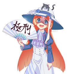  akikawa_yayoi_(umamusume) animal_on_head blue_eyes commentary_request empty_eyes feline female folding_fan hand_fan hand_fan_writing hat horse_girl looking_at_viewer on_head open_mouth orange_hair shaded_face simple_background solo translated umamusume urujika white_background yandere 