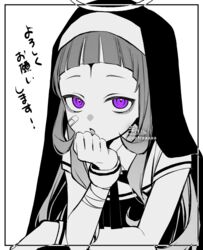  alternate_costume bandaged_arm bandages bandaid bandaid_on_cheek bandaid_on_face commentary_request cosplay female forehead habit halo hand_up highres hololive kamippoina_(vocaloid) long_hair looking_at_viewer monochrome murasaki_shion nun parted_lips purple_eyes signature sofra solo spot_color translated twitter_username upper_body veil virtual_youtuber white_background 