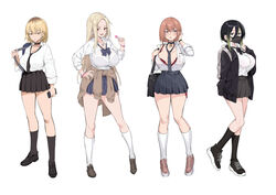  4girls adjusting_hair backpack bag black_bow black_choker black_eyes black_footwear black_hair black_jacket black_mask black_necktie black_skirt black_socks blazer blonde_hair blue_bow blue_bowtie blue_eyes blue_skirt bow bowtie bra bra_visible_through_clothes bracelet breasts bright_pupils brown_eyes brown_footwear candy cellphone checkered_clothes checkered_skirt choker cleavage clothes_around_waist collared_shirt commentary_request earclip earrings food green_hair gyaru heart heart_necklace holding holding_candy holding_food holding_lollipop holding_phone jacket jacket_around_waist jewelry kogal loafers lock lollipop long_hair loose_bowtie loose_necktie mask mole mole_under_eye mouth_mask multicolored_hair multiple_girls necklace necktie open_clothes open_jacket orange_hair original phone pleated_skirt red_bra school_uniform shirt shirt_tucked_in shoes short_hair single_earring skirt smartphone sneakers socks stud_earrings try_(lsc) two-tone_hair underwear white_pupils white_shirt white_socks yellow_eyes 