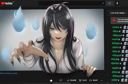  alternate_hair_color azura_cecillia black_hair black_nails blue_eyes blue_fire breasts cleavage collarbone collared_shirt elvandec female fingernails fire highres livestream looking_at_viewer medium_breasts multicolored_hair nijisanji nijisanji_id open_hand purple_hair sharp_fingernails shirt solo straight-on streaked_hair through_medium through_screen virtual_youtuber white_shirt youtube 