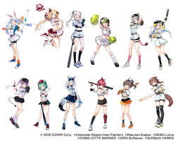  6+girls ahoge aki_rosenthal alternate_hairstyle amane_kanata animal_ears arms_behind_head arms_up baseball baseball_bat baseball_cap baseball_hair_ornament baseball_jersey baseball_mitt baseball_uniform belt bike_shorts black_hair blonde_hair blue_eyes blue_hair bone_hair_ornament boots bow braid breasts brown_hair cat_hair_ornament cheerleader chiba_lotte_marines closed_mouth commentary company_name copyright_notice crop_top demon_tail dog_ears dog_tail don-chan_(usada_pekora) ebi_frion_(natsuiro_matsuri) eyepatch fake_animal_ears fake_tail fangs fingerless_gloves floating_hair fox_ears fox_girl fukuoka_softbank_hawks full_body glove_pull gloves green_hair grey_hair hair_ornament hair_ribbon hairbow hairclip hat high_heel_boots high_heels highres hokkaido_nippon-ham_fighters holding holding_baseball_bat hololive houshou_marine inugami_korone jersey jumping kagawa_ichigo kneehighs large_breasts light_blue_hair lion_ears lion_tail long_braid long_hair medium_breasts medium_hair midriff miniskirt multicolored_hair multiple_girls natsuiro_matsuri navel nippon_professional_baseball official_alternate_costume official_art one_eye_closed oozora_subaru open_mouth orange_eyes orix_buffaloes pink_hair pleated_skirt pom_pom_(cheerleading) ponytail purple_eyes rabbit_ears red_eyes red_hair ribbon saitama_seibu_lions shirakami_fubuki shirogane_noel shirt shishiro_botan shoes short_hair short_shorts short_sleeves shorts side_ponytail sideways_hat skirt skull_hair_ornament small_breasts smile sneakers socks sportswear suzuki_ichirou swinging tail teeth thigh_strap tied_shirt tokoyami_towa tongue tongue_out touhoku_rakuten_golden_eagles twin_braids twintails two-tone_hair uruha_rushia usada_pekora very_long_hair virtual_youtuber visor_cap white_hair wing_hair_ornament 