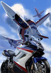  aircraft airplane armor canards choujikuu_yousai_macross cloud cockpit commentary_request fan_racer fighter_jet flying helmet highres honda jet k-kat macross military military_vehicle motor_vehicle motorcycle photoshop_(medium) pilot pilot_suit realistic roundel science_fiction spacesuit u.n._spacy variable_fighter vehicle_focus vf-1 vf-1a 