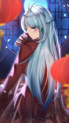  azura_cecillia blue_eyes blue_hair braid breasts crown_braid dress elvandec female from_behind hand_fan highres holding holding_fan lantern looking_back medium_breasts multicolored_hair nijisanji nijisanji_id pink_hair red_dress side_braid sitting smile solo streaked_hair virtual_youtuber 