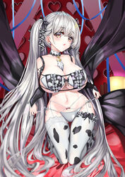  absurdres alternate_costume animal_print azur_lane between_breasts bikini blue_ribbon blush bra breasts brown_eyes cleavage commentary_request cow_print eyepatch_bikini female formidable_(azur_lane) grey_panties hair_between_eyes hair_ornament heart highres large_breasts lingerie long_hair looking_at_viewer md5_mismatch navel panties partial_commentary photoshop_(medium) red_eyes ribbon sitting solaris_(sinhyg) solo swimsuit twintails underwear very_long_hair 