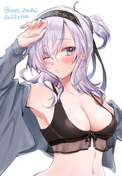  armpits bikini black_bikini blue_eyes blush breasts closed_mouth clothes_writing dated female grey_hair hachimaki hair_between_eyes headband highres jacket kantai_collection long_hair medium_breasts mot_zenzai one-hour_drawing_challenge one_eye_closed one_side_up open_clothes open_jacket simple_background solo suzutsuki_(kancolle) suzutsuki_(swimsuit_mode)_(kancolle) swimsuit twitter_username upper_body white_background 