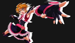  arm_warmers belt bike_shorts black_background black_gloves black_legwear black_ribbon black_shirt black_shorts black_skirt boots brooch commentary_request cure_black earrings eyelashes female fighting_stance fingerless_gloves frilled_skirt frilled_sleeves frills futari_wa_precure futari_wa_precure_max_heart gloves heart heart_belt heart_brooch heart_earrings heart_ribbon high_heel_boots high_heels highres jewelry leg_warmers looking_at_viewer magical_girl messy_hair misumi_nagisa open_mouth orange_eyes orange_hair platform_footwear precure ribbon serious shirt short_hair short_sleeves shorts shorts_under_skirt simple_background sind_ngmhn28 skirt solo 