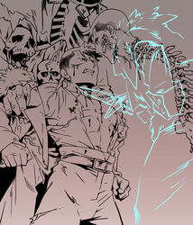  1other 2boys bad_id bad_pixiv_id belt bleeding blood blue_eyes brown_theme commentary_request dagger dark_persona darkest_dungeon dual_persona evil_grin evil_smile fur_trim ghost glasgow_smile gradient_background grin highwayman_(darkest_dungeon) holding holding_dagger holding_knife holding_weapon injury knife multiple_boys open_clothes open_shirt pants robe severed_head short_hair skeleton skull smile spine spot_color the_collector_(darkest_dungeon) time_paradox torn_clothes undead varamill weapon 