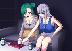  2girls alternate_costume beer_can box box_of_chocolates breasts can chocolate cleavage closed_eyes couch cushion drink_can eyes_visible_through_hair g28_(girls&#039;_frontline) girls&#039;_frontline green_eyes green_hair hk416_(girls&#039;_frontline) krs_(karasu) large_breasts multiple_girls red_eyes 