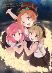  3girls :d bare_arms black_headwear black_skirt blush character_name city_lights dated earrings flying forehead frilled_sleeves frills graphite_(medium) happy_birthday hat hello_hoshi_wo_kazoete highres holding_hands hoop_earrings hoshizora_rin interlocked_fingers jewelry kneeling koizumi_hanayo looking_at_another looking_at_viewer love_live! love_live!_school_idol_project love_live!_the_school_idol_movie miniskirt multiple_girls nishikino_maki one_eye_closed open_mouth orange_hair pleated_skirt seiza sen_(sen0910) shirt shooting_star short_hair sitting skirt sky smile star_(sky) star_(symbol) starry_sky suspenders teeth traditional_media upper_teeth_only white_shirt yellow_eyes 