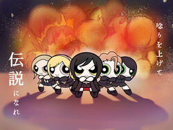  5girls black_footwear chibi crossed_arms enjin_(idolmaster) explosion fujimoto_rina highres idolmaster idolmaster_cinderella_girls kimura_natsuki leaning_forward looking_at_viewer matsunaga_ryo mugicha_(mugimugi_6) mukai_takumi multiple_girls parody pleated_skirt powerpuff_girls shadow shorts skirt smile toon_(style) translation_request yamato_aki 