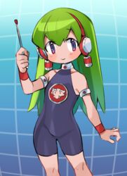  akagashi_hagane android bare_shoulders breasts charu_(saru_getchu) closed_mouth female green_hair headphones holding long_hair looking_at_viewer pointer purple_eyes saru_getchu skin_tight small_breasts smile solo standing wristband 