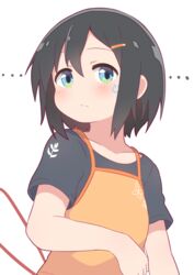  absurdres apron black_hair black_shirt blue_eyes blush commentary_request female green_eyes hair_ornament hatafuta highres io_(hatafuta) marking_on_cheek multicolored_eyes original shirt short_hair solo upper_body 