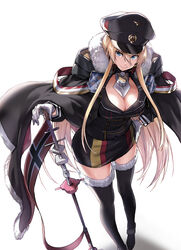  azur_lane bismarck_(azur_lane) black_thighhighs blonde_hair blue_eyes breasts cape cleavage closed_mouth commentary_request cross female fur-trimmed_cape fur-trimmed_legwear fur_trim hair_between_eyes hat iron_cross large_breasts lefthand long_hair looking_at_viewer military military_hat military_uniform peaked_cap sidelocks simple_background smile solo thighhighs uniform 