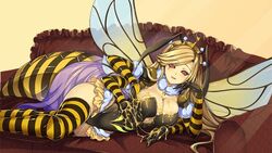  antennae arthropod_girl artist_request bee_girl black_leotard blonde_hair breasts chitin cleavage compound_eyes couch extra_arms female food_on_body food_on_breasts game_cg honey insect_wings large_breasts leotard long_hair monster_musume_no_iru_nichijou monster_musume_no_iru_nichijou_online neck_ruff official_art open_mouth queen_(monster_musume) solo striped_clothes striped_thighhighs suggestive_fluid swept_bangs thighhighs wings 