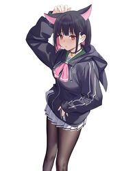  animal_ears arm_up black_choker black_hair black_hoodie black_jacket blue_archive blush brown_pantyhose cat_ears chinese_commentary choker closed_mouth colored_inner_hair commentary drawstring extra_ears feet_out_of_frame female green_sailor_collar hair_ornament hairclip highres hood hood_down hooded_jacket hoodie jacket kazusa_(blue_archive) long_sleeves looking_at_viewer miniskirt multicolored_hair neckerchief pantyhose photoshop_(medium) pink_hair pink_neckerchief pleated_skirt red_hair sailor_collar school_uniform short_hair simple_background skirt solo standing trinity_general_school_logo two-tone_hair white_background white_skirt yizhirenben 