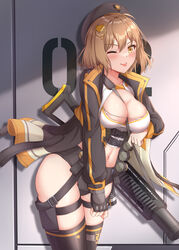  ;) ;p ahoge anis_(nikke) bandolier beret black_hat black_jacket black_shorts black_thighhighs blush breasts brown_eyes brown_hair cat_hair_ornament cleavage collarbone commentary cowboy_shot crop_top female fingerless_gloves gloves goddess_of_victory:_nikke grenade_launcher grey_gloves hair_between_eyes hair_ornament hat highres jacket large_breasts long_sleeves looking_at_viewer midriff milkor_mgl muwa12 navel one_eye_closed open_clothes open_jacket shadow shirt short_hair short_shorts shorts sidelocks single_fingerless_glove skindentation smile solo standing thigh_strap thighhighs tongue tongue_out weapon white_shirt 