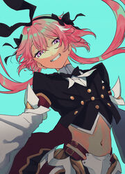  1boy absurdres astolfo_(fate) astolfo_(saber)_(fate) black_bow black_bowtie black_gloves black_ribbon bow bowtie braid commentary fate/apocrypha fate/grand_order fate_(series) gloves hair_intakes highres layered_skirt long_hair looking_at_viewer low_twintails male_focus midriff multicolored_hair navel otoko_no_ko otonashi0022 pink_hair purple_eyes ribbon single_braid skirt smile streaked_hair twintails wing_collar 