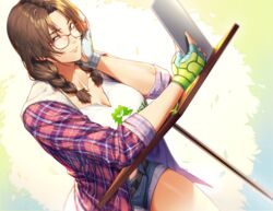  bad_id bad_pixiv_id belt braid breasts checkered cleavage closed_mouth collarbone commentary_request denim denim_shorts dutch_angle female fingerless_gloves glasses gloves green_gloves hand_on_own_cheek hand_on_own_face highres holding holding_tablet_pc houjoh_(7th-heaven) julia_chang large_breasts looking_at_viewer parted_bangs shirt shorts sleeves_rolled_up smile solo table tablet_pc tekken tekken_7 thighs twintails white_shirt 