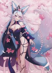  absurdres akaneiro_(akane_color35) animal_ear_fluff animal_ears black_kimono black_sleeves blue_eyes blue_hair breasts cherry_blossoms cleavage cleavage_cutout clothing_cutout detached_sleeves female flower hair_flower hair_ornament highres hip_vent japanese_clothes kimono large_breasts long_hair multicolored_hair multicolored_tail navel_cutout open_mouth pink_flower pink_hair pink_tail silvervale silvervale_(sakura_goddess) smile solo streaked_hair swept_bangs tail tail_flower tail_ornament virtual_youtuber vshojo wolf_ears wolf_girl wolf_tail 