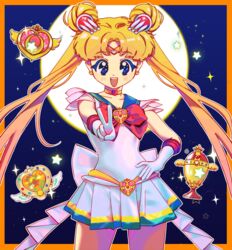  bad_id bad_pixiv_id bishoujo_senshi_sailor_moon bishoujo_senshi_sailor_moon_s bishoujo_senshi_sailor_moon_stars bishoujo_senshi_sailor_moon_supers blonde_hair blue_eyes border bow brooch choker commentary cosmic_heart_compact cowboy_shot crisis_moon_compact diadem double_bun earrings eternal_moon_article female full_moon gloves hair_bun hand_on_own_hip heart heart_brooch highres jewelry long_hair looking_at_viewer magical_girl moon open_mouth orange_border outside_border parted_bangs q_yan31 red_bow sailor_moon sailor_senshi_uniform seihai_(sailor_moon) smile solo sparkle standing star_(symbol) super_sailor_moon tsukino_usagi twintails v very_long_hair white_gloves 