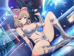  arm_guards armband belt belt_buckle blonde_hair blush boots bow breasts buckle choker cleavage commentary computer_keyboard cosplay crossover curly_hair earth_(planet) energy_gun english_commentary falling_petals female green_eyes grey_belt groin gun hairbow half-closed_eyes haruka_(senran_kagura) high_heels holding holding_gun holding_weapon hologram holographic_interface holographic_monitor in_orbit jane_royal jane_royal_(cosplay) knee_boots large_breasts looking_at_viewer machine navel official_alternate_costume official_art on_floor petals pink_bow planet red_nails revealing_clothes science_fiction senran_kagura senran_kagura_new_link senran_kagura_shoujo-tachi_no_shin&#039;ei shiny_skin short_hair silver_choker silver_footwear sitting sky smile solo space space_adventure_cobra spacecraft spacecraft_interior spread_legs star_(sky) starry_sky swimsuit switch third-party_source vehicle_interior weapon window yaegashi_nan 