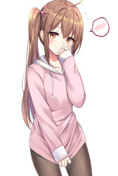  ahoge blush brown_eyes brown_hair brown_pantyhose collarbone commentary_request covering_crotch covering_privates drawstring female flying_sweatdrops hair_between_eyes hair_bobbles hair_intakes hair_ornament hand_up hood hood_down hoodie hoodie_tug long_hair long_sleeves looking_at_viewer original pantyhose pink_hoodie side_ponytail sidelocks simple_background sleeves_past_wrists solo spoken_blush very_long_hair wasami_(a27678193a) white_background 