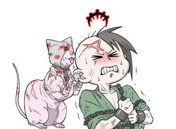  1boy abomination_(darkest_dungeon) affliction_(darkest_dungeon) alternate_costume anger_vein bad_id bad_pixiv_id biting_own_lip chained chains commentary_request darkest_dungeon feline green_shirt hood licking male_focus shirt short_hair trembling varamill 