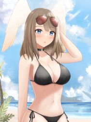  :o absurdres aviator_sunglasses beach bikini black_bikini black_choker blue_eyes blush breasts brown_hair choker cleavage commentary day eunie_(xenoblade) eyewear_on_head female halterneck hand_on_own_head head_wings highres keaworks large_breasts looking_at_viewer medium_hair navel o-ring ocean open_mouth outdoors palm_leaf palm_tree sand side-tie_bikini_bottom sideboob solo string_bikini summer sunglasses swept_bangs swimsuit symbol-only_commentary tree white_wings wings xenoblade_chronicles_(series) xenoblade_chronicles_3 