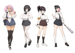  4girls armband bag baseball_bat black_bow black_bowtie black_choker black_eyes black_footwear black_hair black_necktie black_skirt black_thighhighs blowing_bubbles blue_hair blue_skirt bow bowtie boxcutter bra bra_visible_through_clothes breasts bright_pupils brown_eyes brown_skirt button_gap chewing_gum choker cleavage clipboard collared_shirt commentary_request dark-skinned_female dark_skin earrings glasses grin gyaru holding holding_baseball_bat holding_boxcutter holding_clipboard jewelry kazama_ritsuko kogal large_breasts loafers long_hair loose_necktie multicolored_hair multiple_girls necklace necktie original pantyhose partially_unbuttoned pink_bra pink_hair pink_scrunchie pleated_skirt pointing pointing_at_self ponytail school_uniform scrunchie semi-rimless_eyewear shirt shirt_partially_tucked_in shirt_tucked_in shoes short_hair shoulder_bag skirt smile sneakers socks streaked_hair tan thighhighs try_(lsc) twintails underwear white_bra white_footwear white_pantyhose white_pupils white_shirt white_socks wrist_scrunchie yellow_armband 