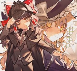  2girls alternate_costume blonde_hair bow braid brown_cape brown_headwear cane cape dated deerstalker detective frilled_hat frills gomoku_(gomoku418) hair_between_eyes hair_tubes hairbow hakurei_reimu hand_on_headwear hat holding jacket kirisame_marisa long_hair long_sleeves multiple_girls necktie pants red_bow shirt side_braid simple_background smile touhou white_bow witch_hat yellow_eyes 