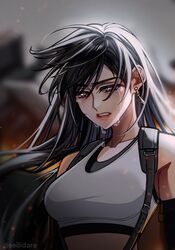  bare_shoulders black_gloves black_hair black_sports_bra blurry blurry_background breasts clenched_teeth crop_top crying earrings elbow_gloves english_commentary female final_fantasy final_fantasy_vii final_fantasy_vii_remake fire gloves hair_between_eyes half-closed_eyes highres jewelry large_breasts looking_down messy_hair midriff red_eyes seilidare shirt sleeveless sleeveless_shirt solo sports_bra streaming_tears suspenders tears teeth tifa_lockhart twitter_username underwear upper_body white_shirt 