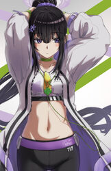  arms_up black_hair black_pants blue_archive blush breasts choker closed_mouth coat collarbone commentary_request cowboy_shot earphones eyewear_hang female flower green_choker groin hair_flower hair_ornament hair_scrunchie halo highres long_hair looking_to_the_side medium_breasts midriff navel open_clothes open_coat pants ponytail purple_eyes purple_scrunchie scrunchie sidelocks solo soregashi_(onamominosyushi) sports_bra sports_sunglasses standing sumire_(blue_archive) sunglasses sweatband tinted_eyewear tying_hair unworn_eyewear very_long_hair white_coat white_sports_bra yellow-tinted_eyewear yoga_pants 